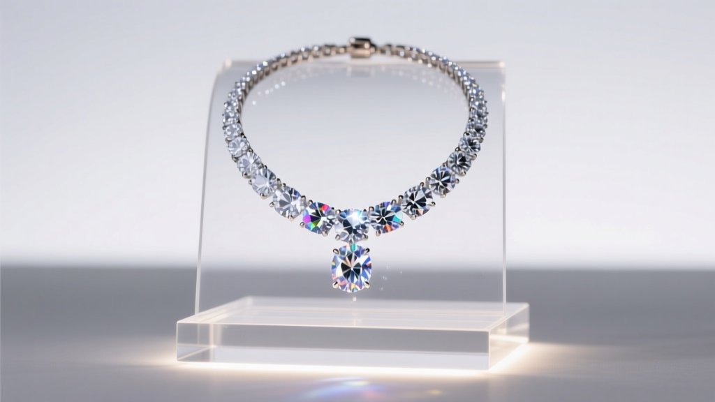Diamond tennis necklace on stand with integrated LED base lighting, emphasizing high CRI sparkle and prong reflections from above.