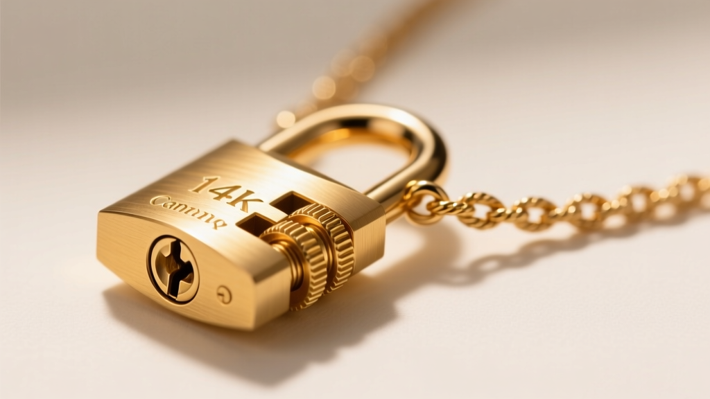 Close-up of a 14k gold padlock necklace screw-lock barrel clasp, showing the threading and 1.5mm rope chain attachment point