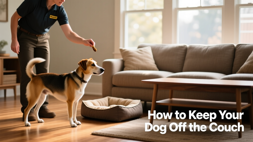 Trainer calmly guiding a dog away from a couch using a hand gesture and treat lure, with dog bed visible nearby