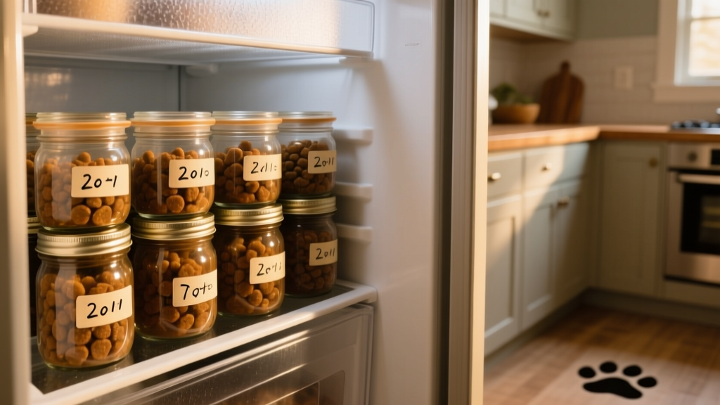 Stacked glass jars of portioned wet dog food in a home freezer, labeled with dates