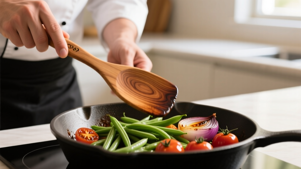 Close-up of a professional chef hand gripping a hand-carved olive wood spatula while flipping vegetables in a cast iron skillet