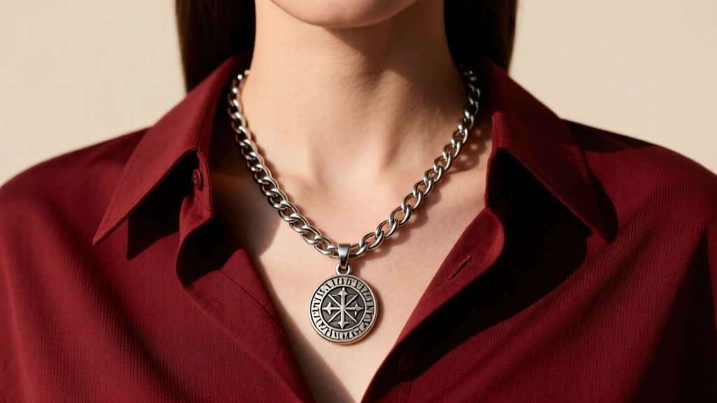 Model wearing a 22-inch stainless steel box chain with a Dante amulet pendant, layered over a dark crimson button-down shirt.