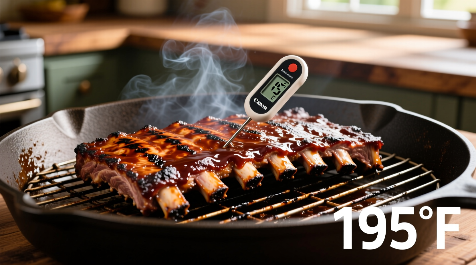 Ribs on wire rack in baking pan with thermometer