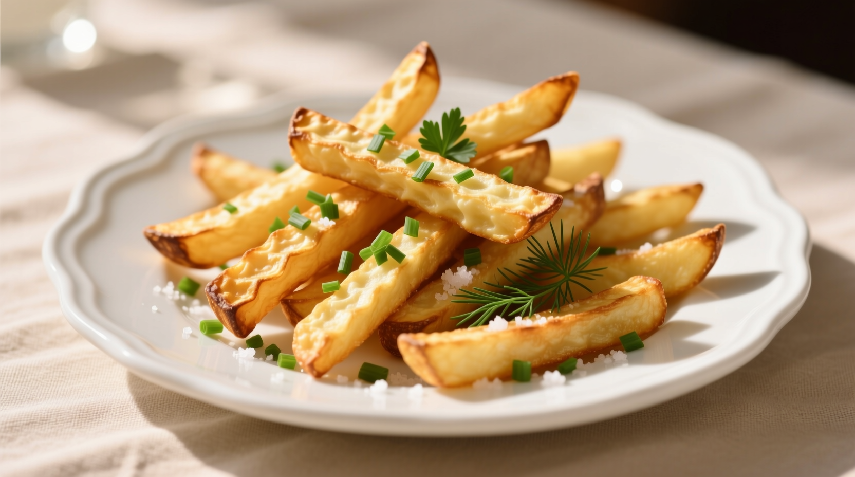 Golden brown mashed potato fries on a white plate with herbs
