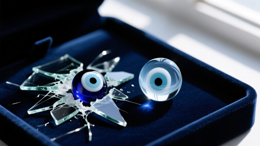 Shattered glass Nazar evil eye bead next to a pristine acrylic resin replacement bead on a dark velvet jewelry display surface.