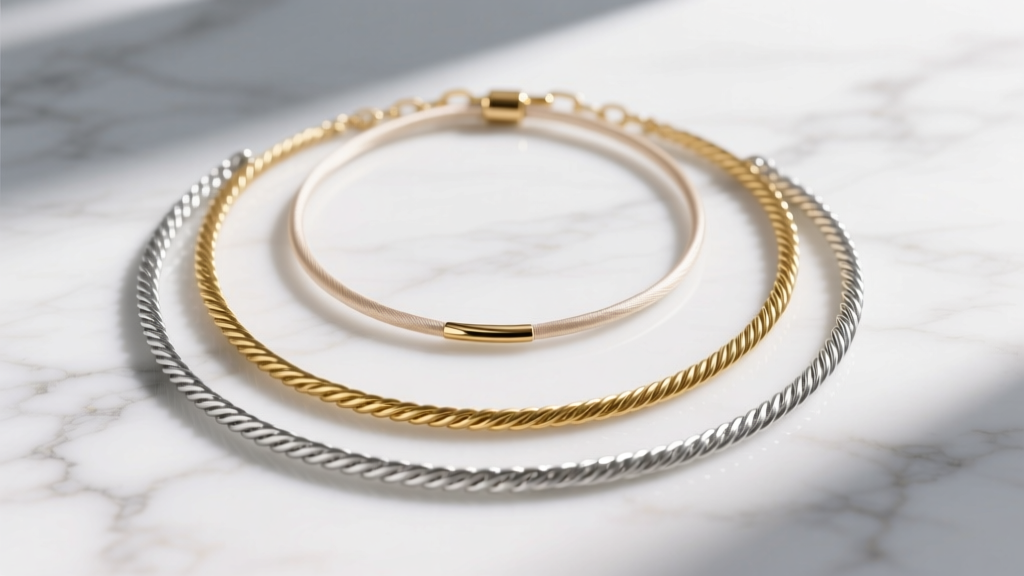 Flat lay of a layered jewelry set with a 1mm silk corded necklace, a gold cable chain, and a silver rope chain on white marble