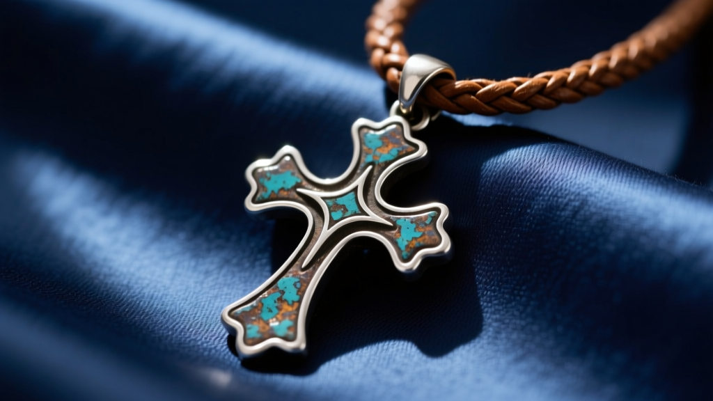 Macro shot of an oxidized Tuareg silver cross pendant on a braided leather cord resting on dark indigo fabric in warm sunlight.