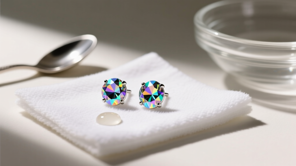 Jewelry cleaning setup with microfiber cloth, mild soap, and a pair of aurora borealis coated Austrian crystal stud earrings