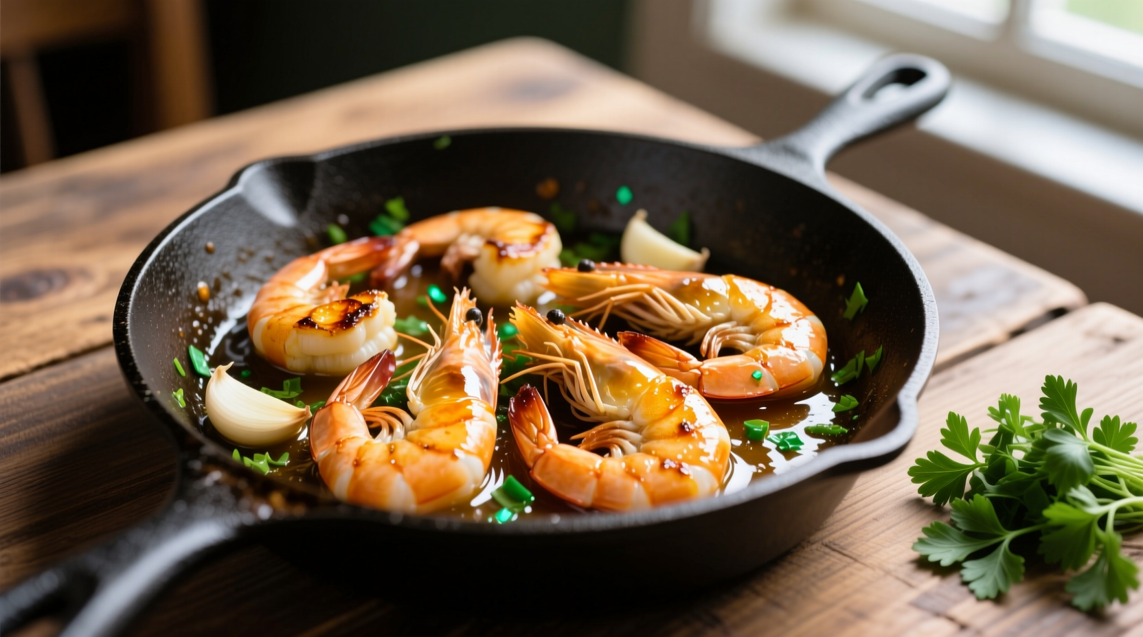 Perfect golden garlic shrimp in skillet with fresh parsley
