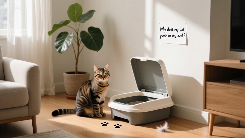 Cat sitting calmly beside an open, clean litter box in a quiet corner of a living room