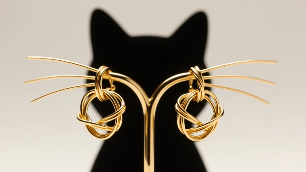 Tangled gold French wire earrings caught on thin metal whiskers of a cat holder, showing severe knotting issues in bright studio light