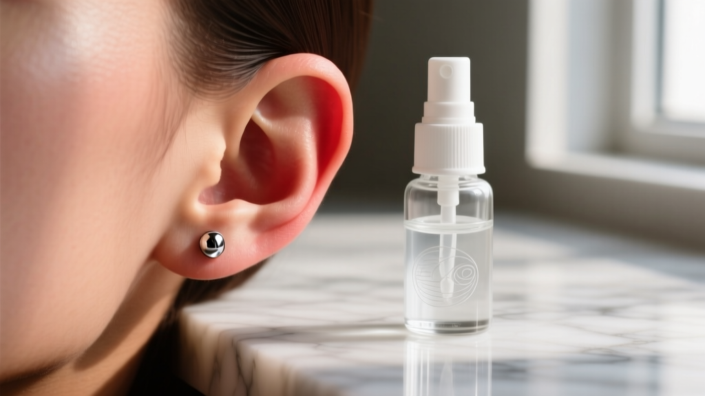 Slightly red earlobe wearing a titanium stud, beside a sterile saline spray bottle on a clean marble surface, soft warm lighting.