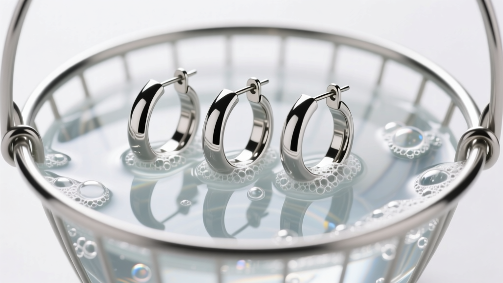 Ultrasonic basket holding 316L steel hoop earrings submerged in soapy water with gentle bubbles rising to the liquid surface