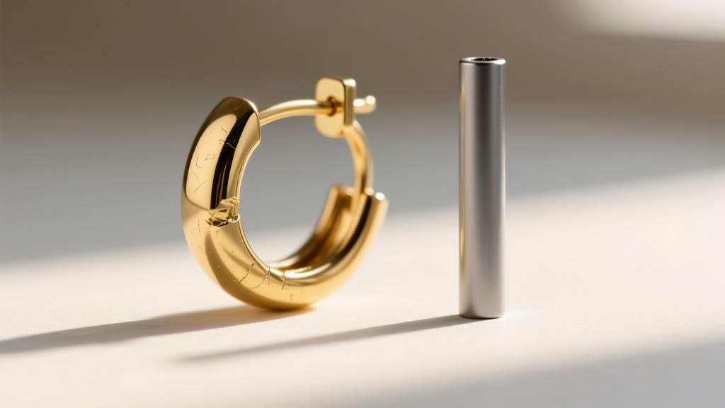 Close-up of a bent 22-gauge gold earring post next to a straight 16-gauge titanium post, highlighting structural durability