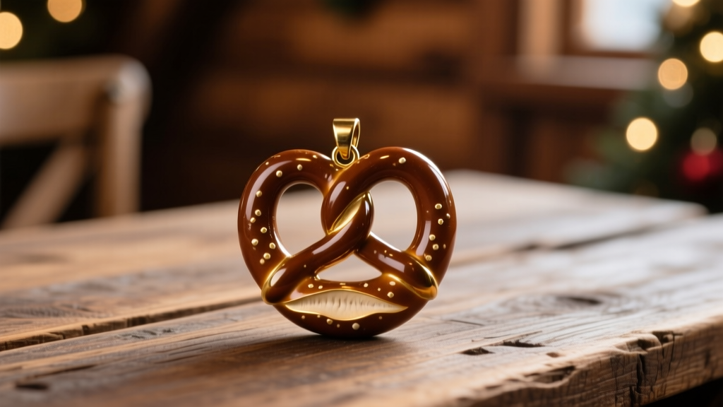 Close-up of a glossy brown enameled brass pretzel pendant resting on a rustic wooden table with soft, warm festival lighting