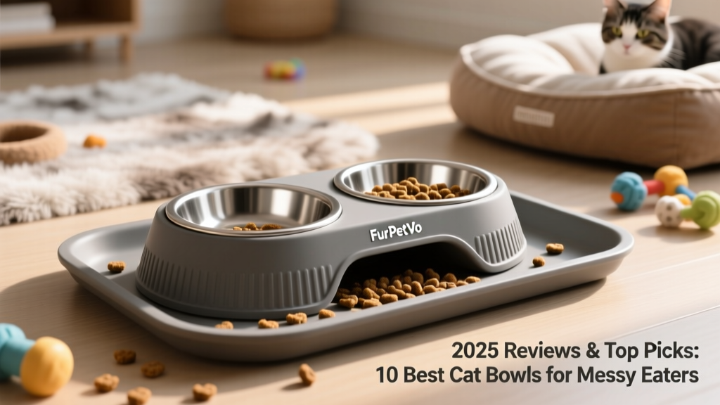 FurPetVo NomNom Bowl in use: stainless steel bowls nestled securely in a textured silicone base inside a wide, low-profile tray catching scattered kibble