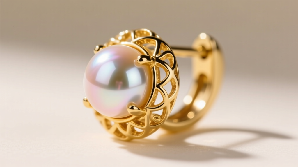 Macro shot of an 18k yellow gold leverback setting holding a 9mm Hanadama Akoya pearl with sharp, mirror-like luster reflections