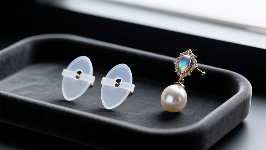 A pair of clear silicone earring support patches resting on a dark velvet tray next to a vintage-style heavy pearl drop earring.