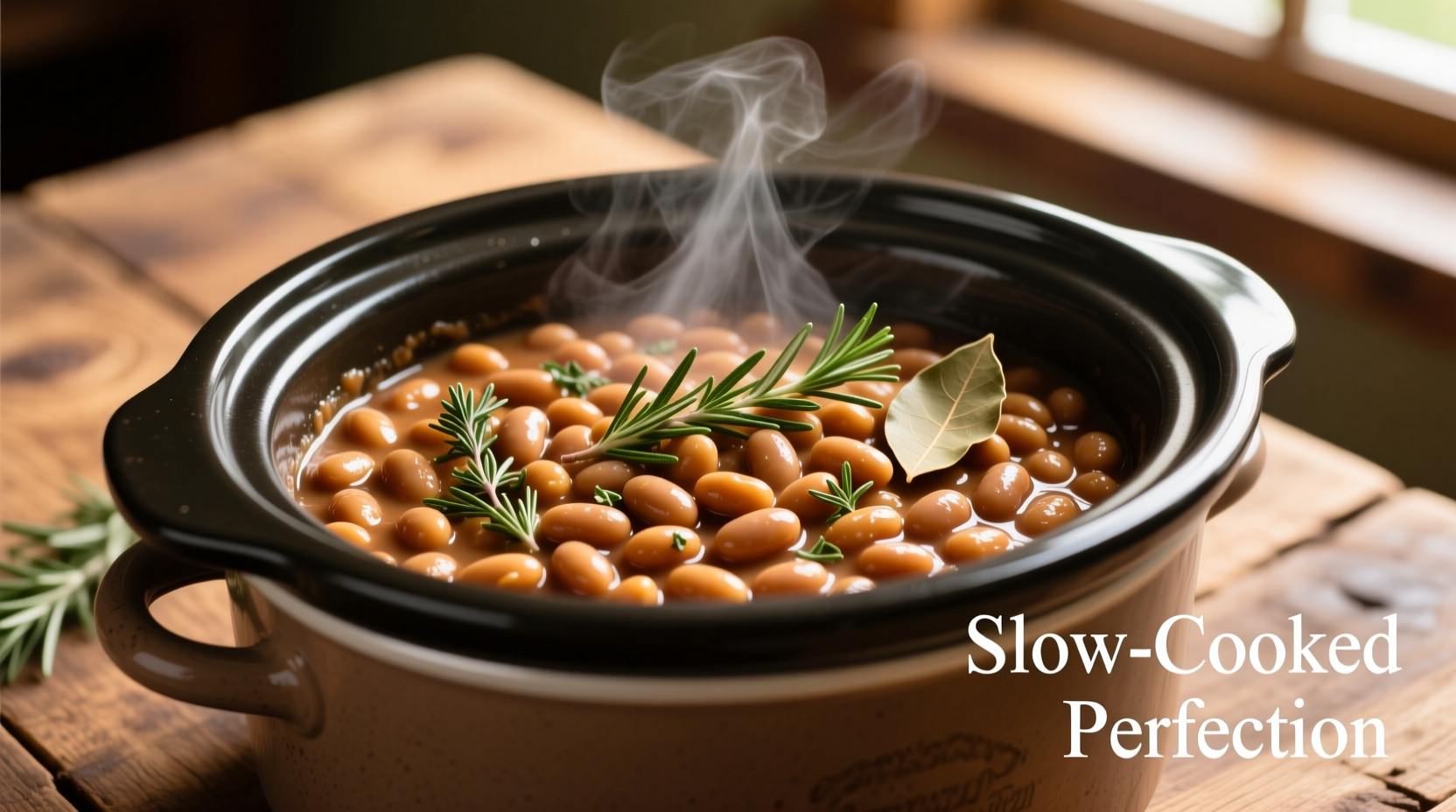 Perfectly cooked pinto beans in a crock pot with herbs