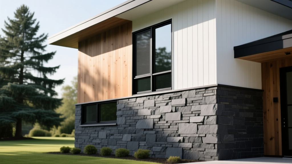 Modern exterior home facade featuring dark grey stacked stone veneer panels contrasting with white cedar siding and black window frames.