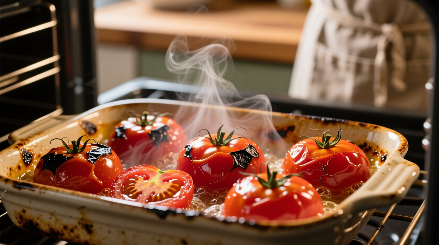 Fresh roasted tomatoes bubbling in oven