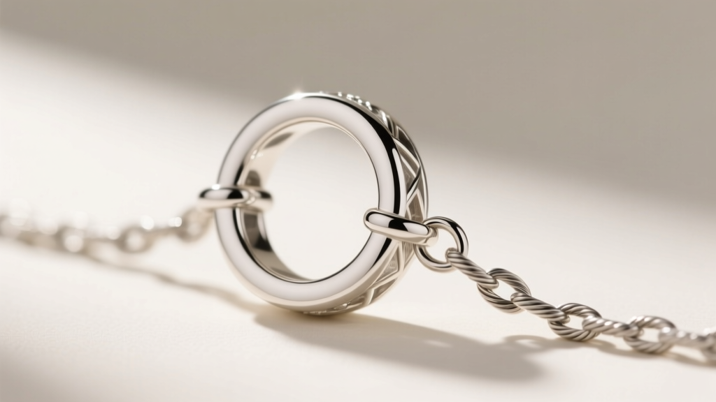 Macro shot of a sterling silver large circle pendant necklace bail resting securely on a 2.0mm stainless steel cable chain link