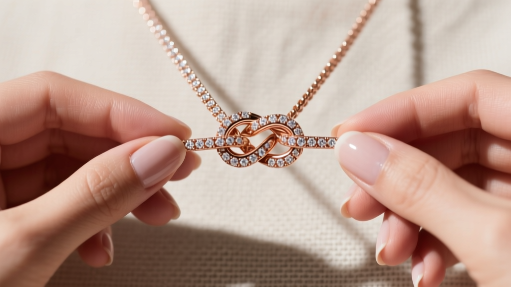 Hands tying a loose lasso knot with a rose gold diamond lariat chain against neutral linen, highlighting the sliding mechanism.