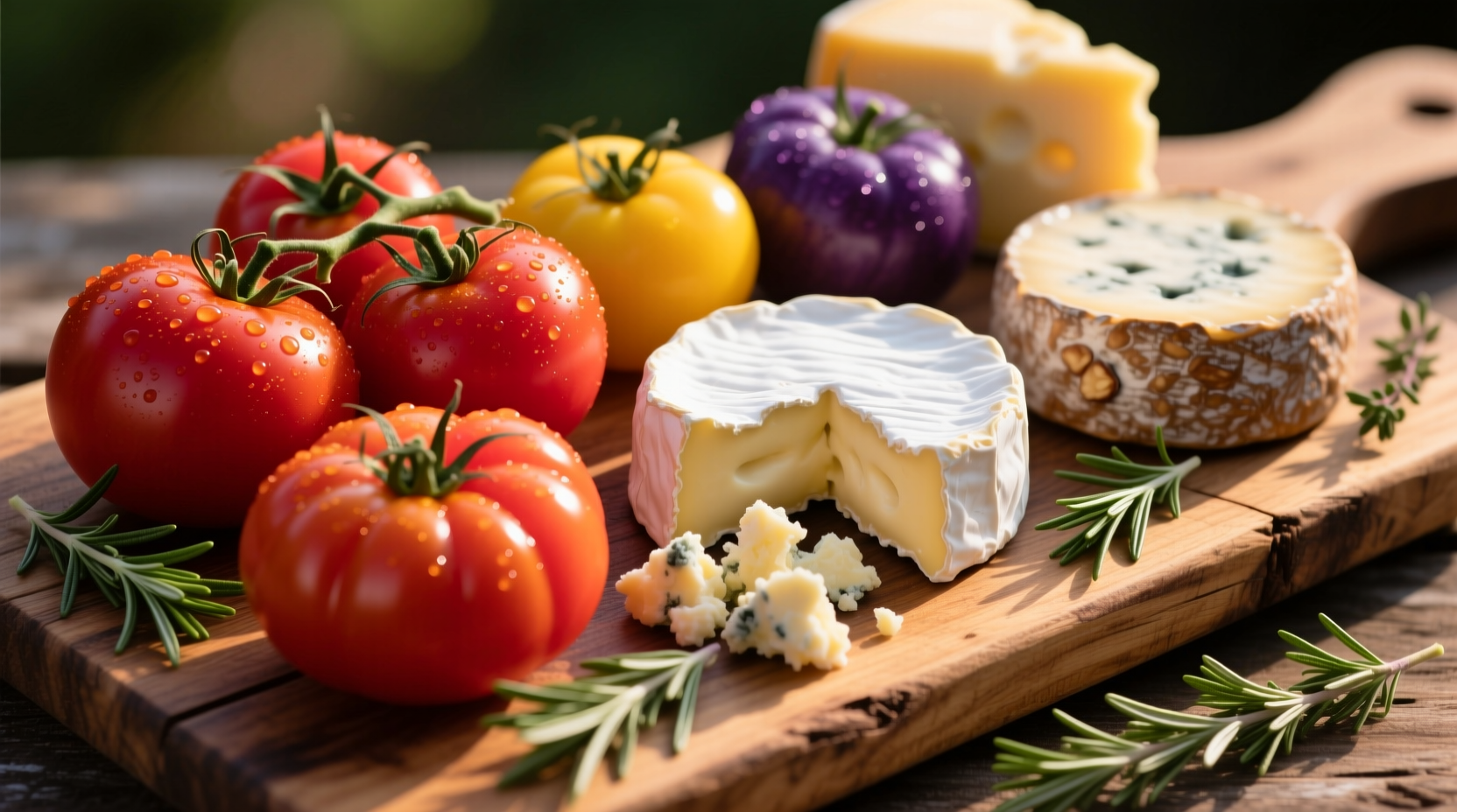 Fresh tomatoes and assorted cheeses on wooden board