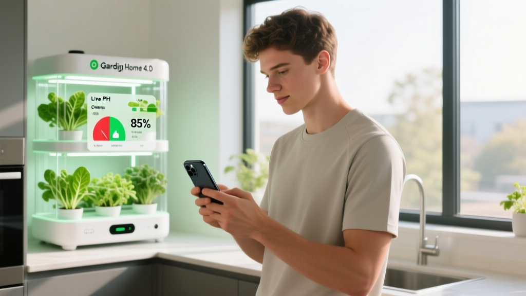 A tech enthusiast using a smartphone app to monitor the pH levels and water tank capacity of a Gardyn Home 4.0 system