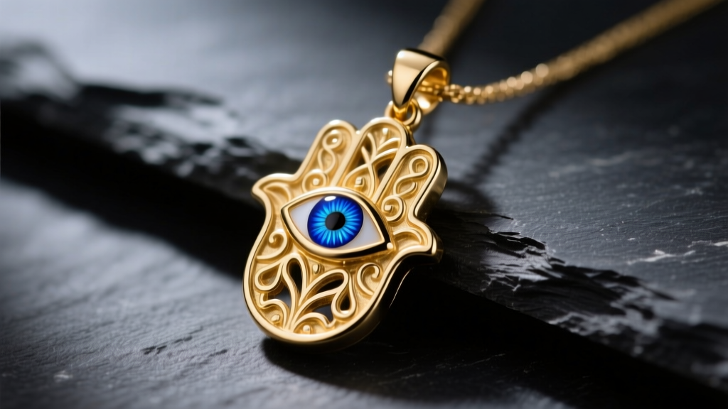 Macro shot of a 14k gold hamsa and evil eye necklace on dark slate, highlighting the blue vitreous enamel center in soft light.