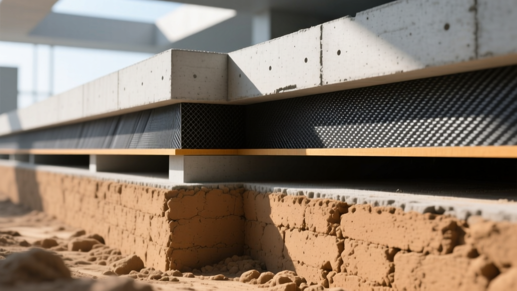 Cross-section of a modern commercial foundation revealing dual-layer grounded building materials with embedded carbon-fiber mesh and rammed earth