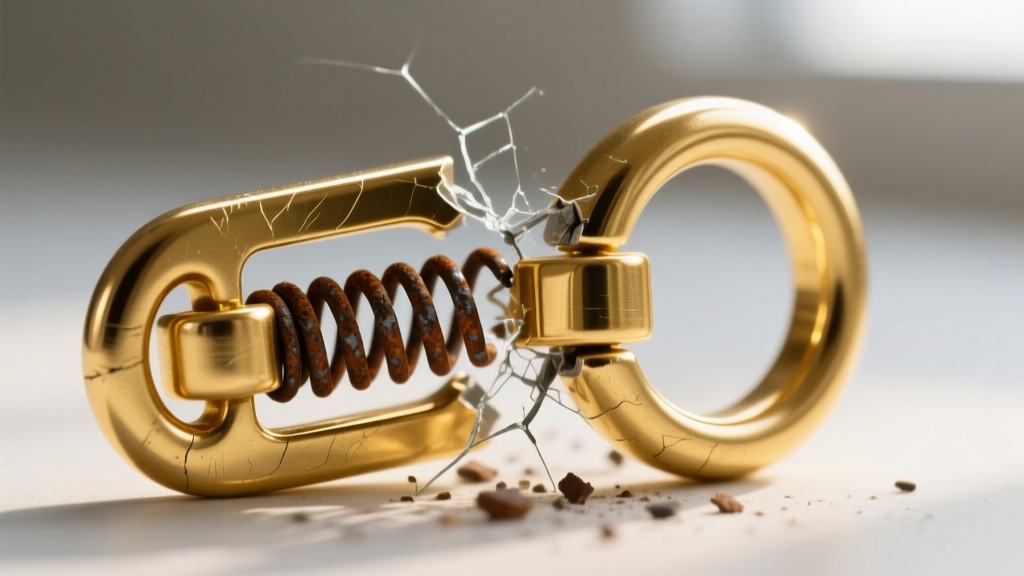 Macro photo of a gold spring ring clasp failing, revealing a corroded internal tension spring disconnected from the metal lever