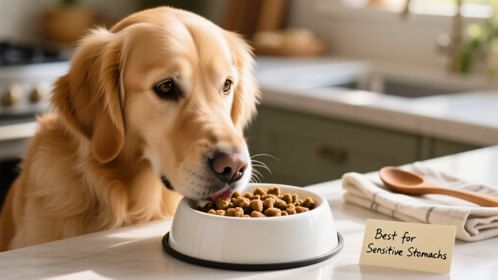 Close-up of a calm, healthy dog eating from a clean bowl