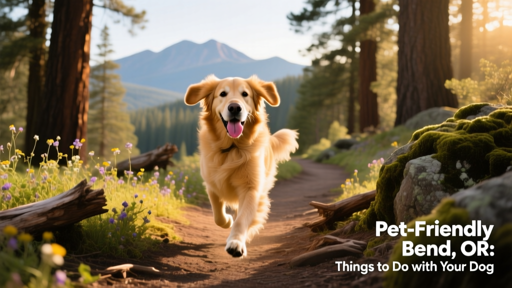 Golden Retriever running joyfully along a forest trail near Bend, Oregon