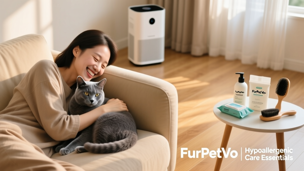 Happy, smiling person snuggling a relaxed Russian Blue cat on a sofa, surrounded by clean hardwood floors, air purifier, and FurPetVo-branded grooming supplies