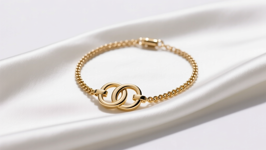 Flat lay of a gold-tone Marc Jacobs dual logo necklace resting on crisp white silk fabric with soft, diffused natural lighting