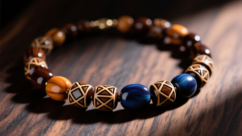 Close-up of a polished tagua nut necklace on dark wood, soft lighting highlighting the smooth organic texture and rich dyed colors