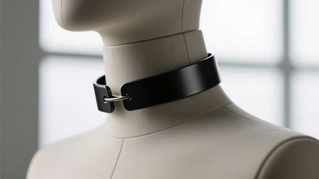 Side view of a matte black titanium neck choker necklace on a mannequin, showing its seamless hinge and 16-gauge wire thickness.