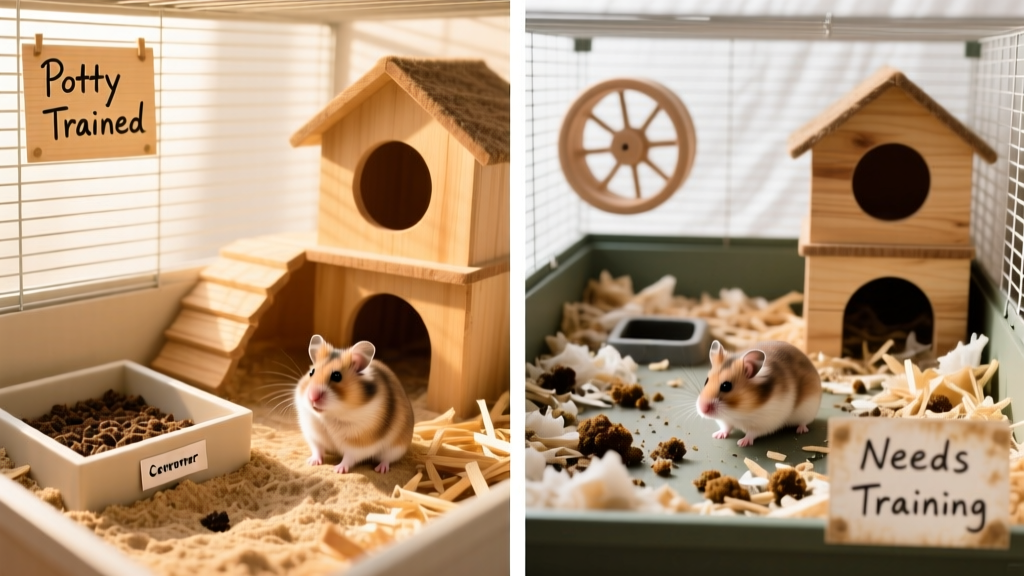 Side-by-side comparison: a tidy hamster cage with a clearly defined litter corner versus a messy cage without designated potty area