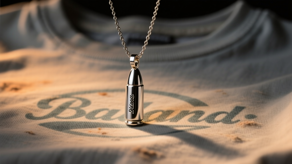 Close-up of a silver bullet casing pendant on a 3mm cable chain resting on a faded vintage band t-shirt, moody 80s lighting.