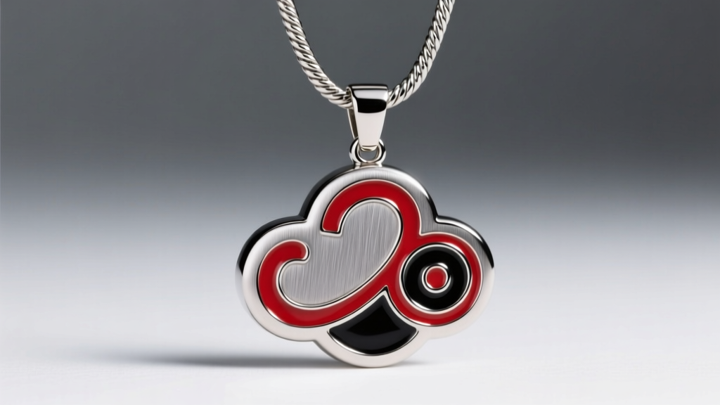 Close-up of steel Akatsuki cloud necklace with red and black enamel, highlighting brushed finish and a sturdy steel cable chain