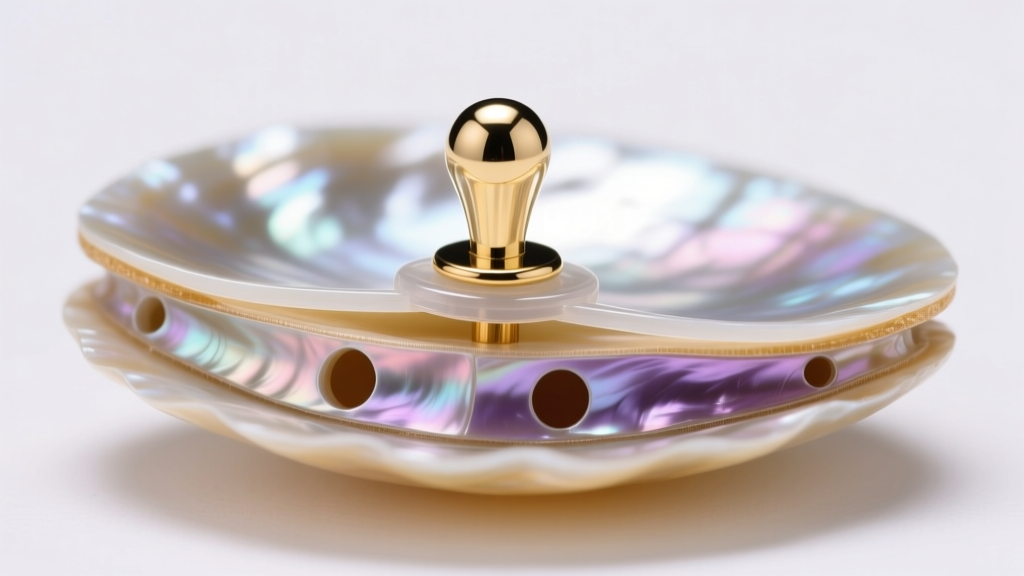 Cross-section of a pegged pearl setting, showing the 14k gold post, epoxy adhesive layer, and drilled nacre of an Akoya pearl.