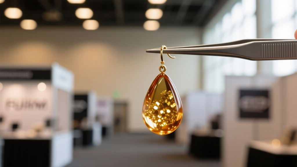 Macro shot of lightweight epoxy resin teardrop earring with gold flakes held by tweezers against a blurred convention background