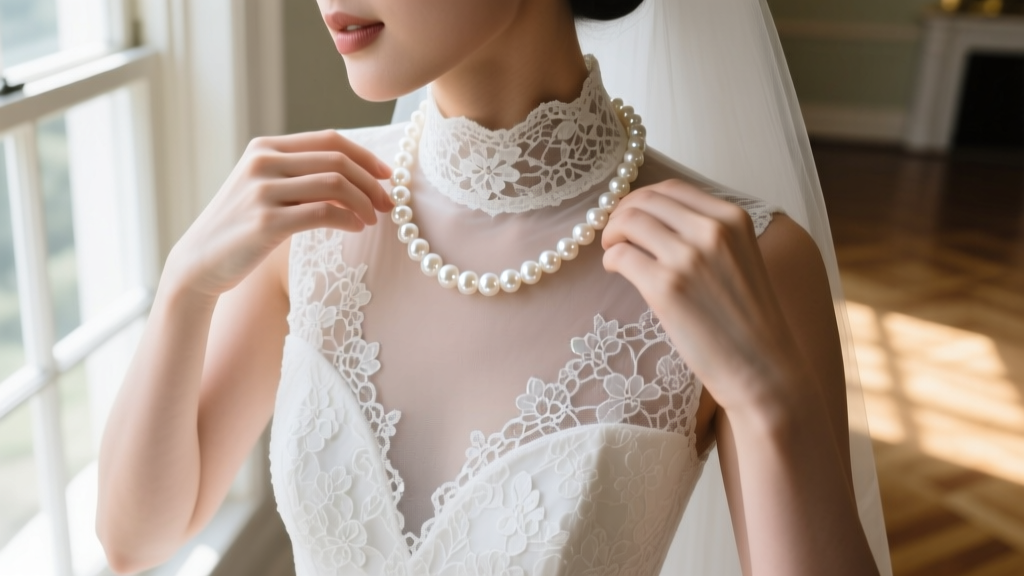 High-angle shot of a bride adjusting a 16-inch choker featuring Akoya pearls against a high-neck illusion lace bridal bodice.