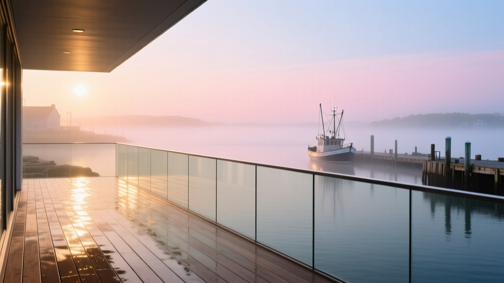 Modern capped composite deck with glass railings overlooking a misty coastal harbor in Plymouth, Massachusetts at sunrise