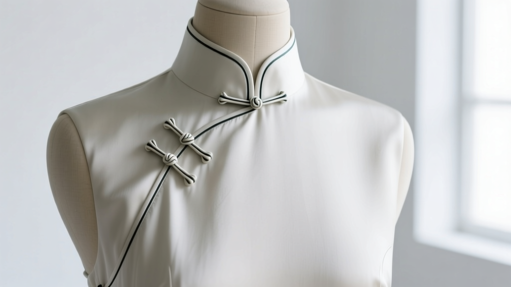 Close-up of a modern Chinese qipao highlighting the 5-centimeter mandarin collar and asymmetrical pankou knot fastenings.