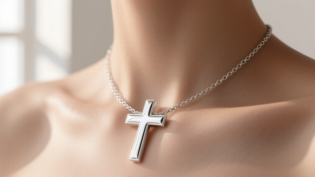 Side view of a sterling silver horizontal crucifix necklace on a collarbone, with soft window light reflecting off polished silver.