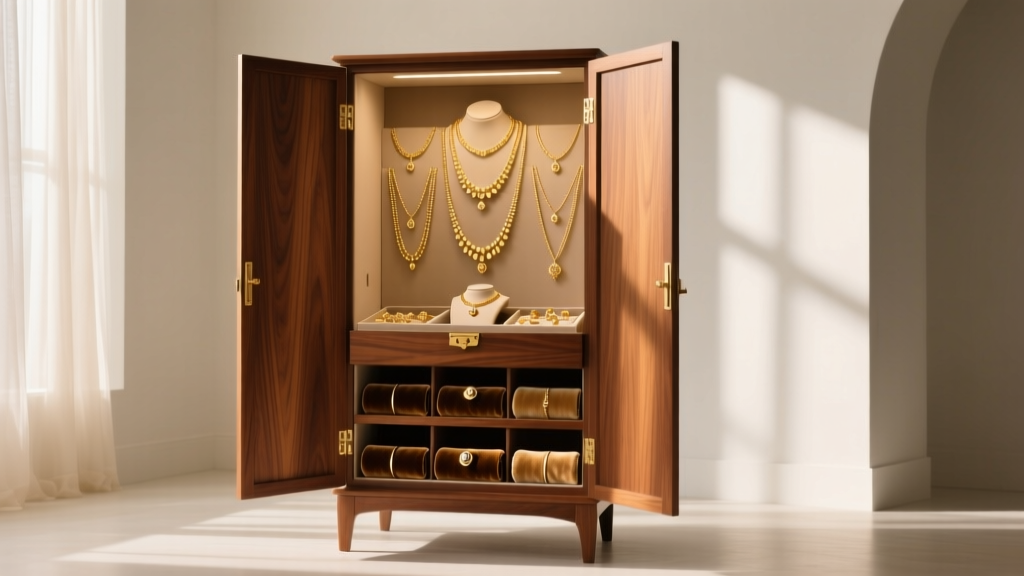 Freestanding wood armoire jewelry box in a bright room, doors open showing organized gold necklaces and velvet ring rolls inside.