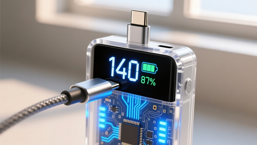 Close up of a USB-C cable plugging into a transparent power bank with a glowing digital display showing 140W output and battery percentage.