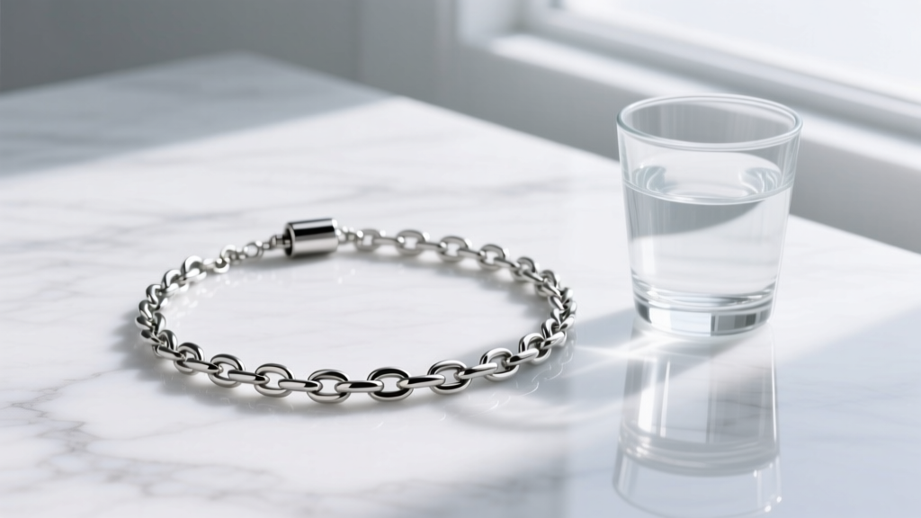 Smooth lightweight niobium chain necklace with a magnetic clasp, laid flat on clean white marble beside a small clear glass of water.